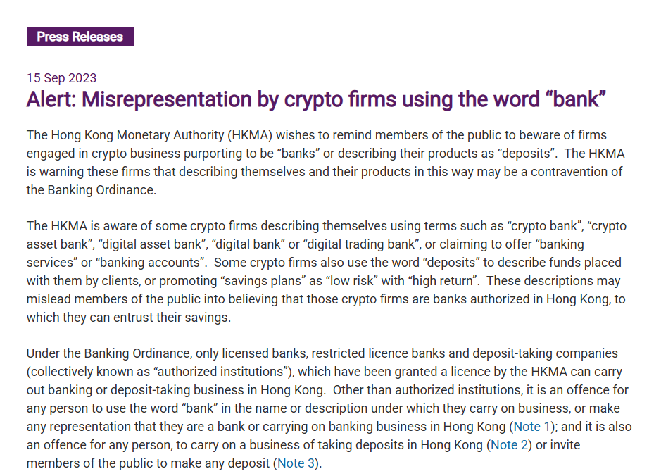 Alert: Misrepresentation by crypto firms using the word “bank”