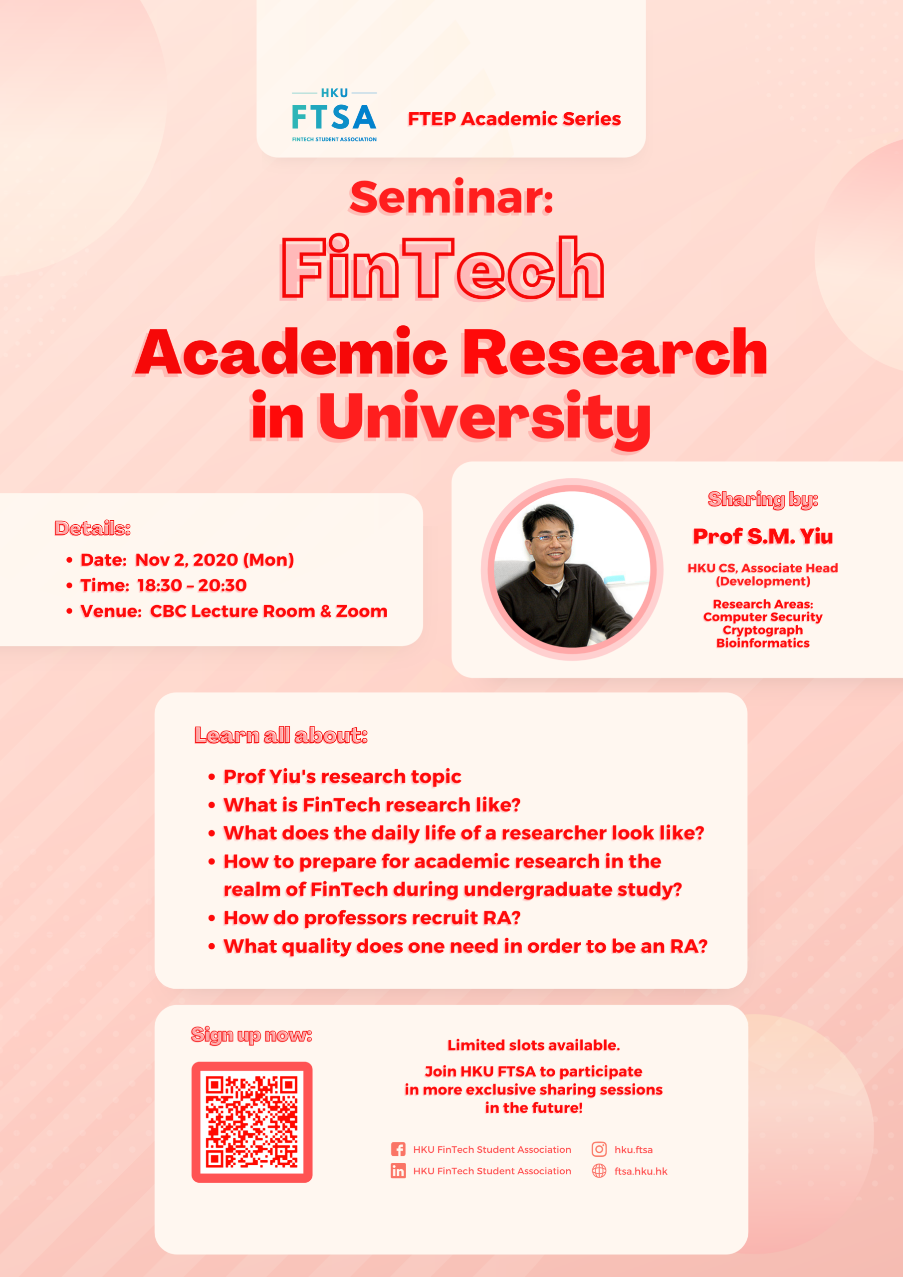 FinTech Seminar hosted by HKU FTSA – “FinTech Academic Research in University” on Nov 2, 2020